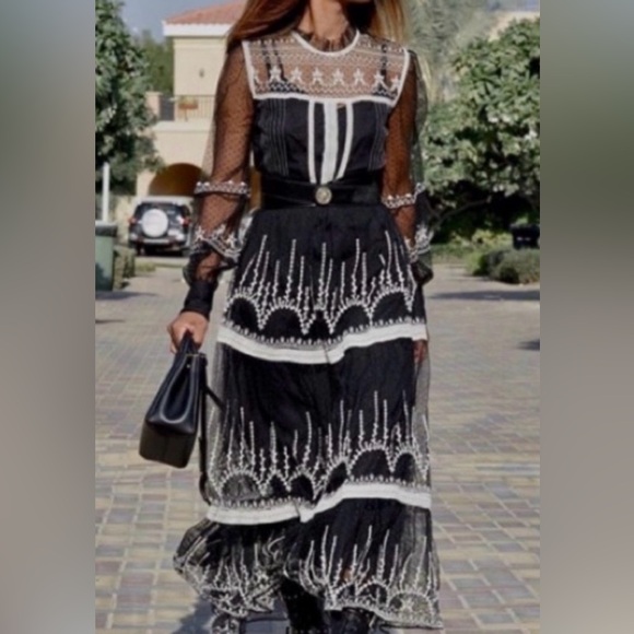 Zara Black and White embroidered Long Sleeve tule maxi Dress Sz XXL - Picture 4 of 16